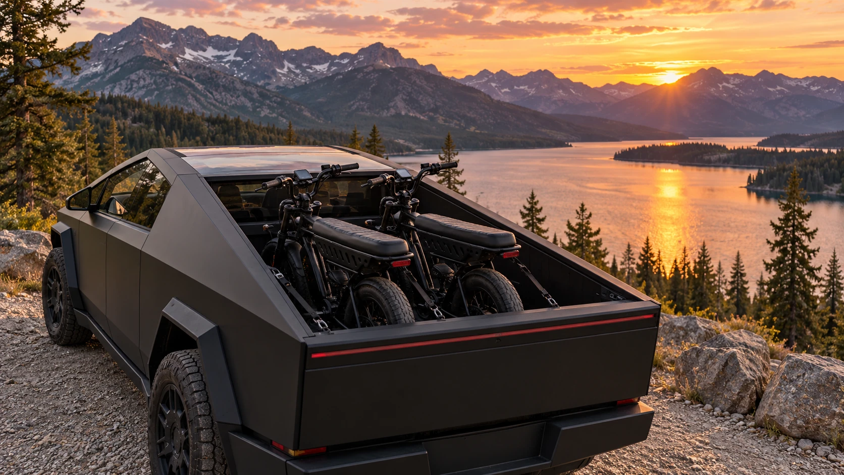 Duas e-bikes na caçamba do Cybertruck junto a um lago ao pôr do sol