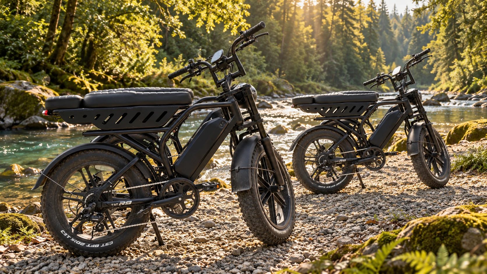 Duas e-bikes à beira de um rio em uma paisagem cinematográfica