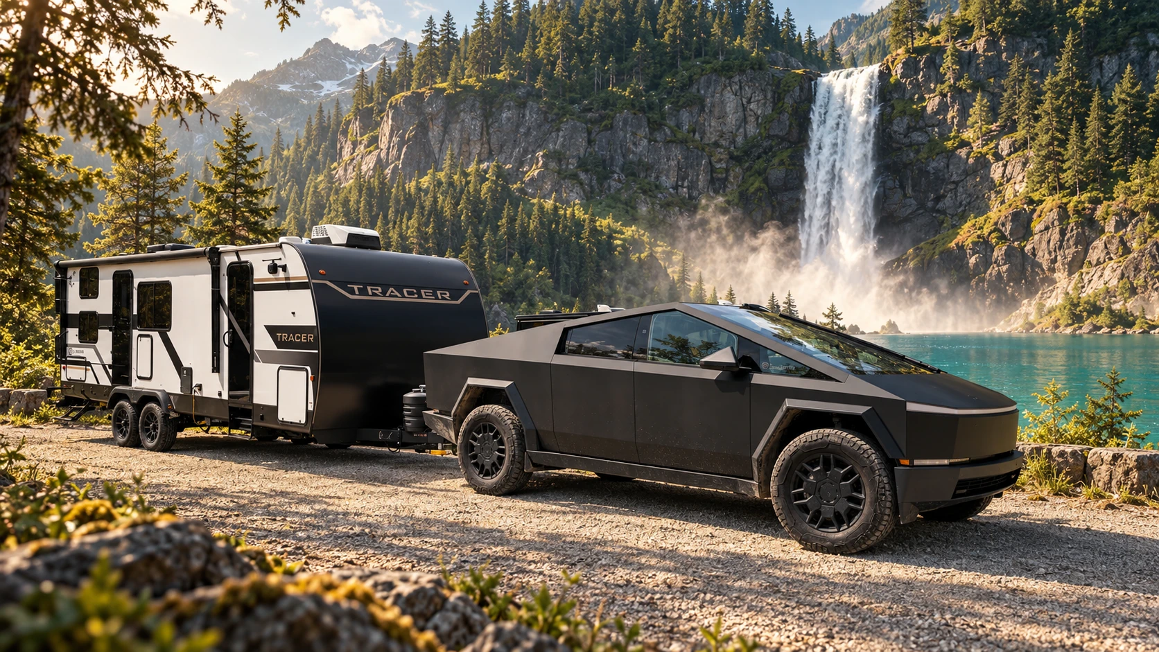 Trailer Tracer e Cybertruck em uma paisagem com água e montanhas