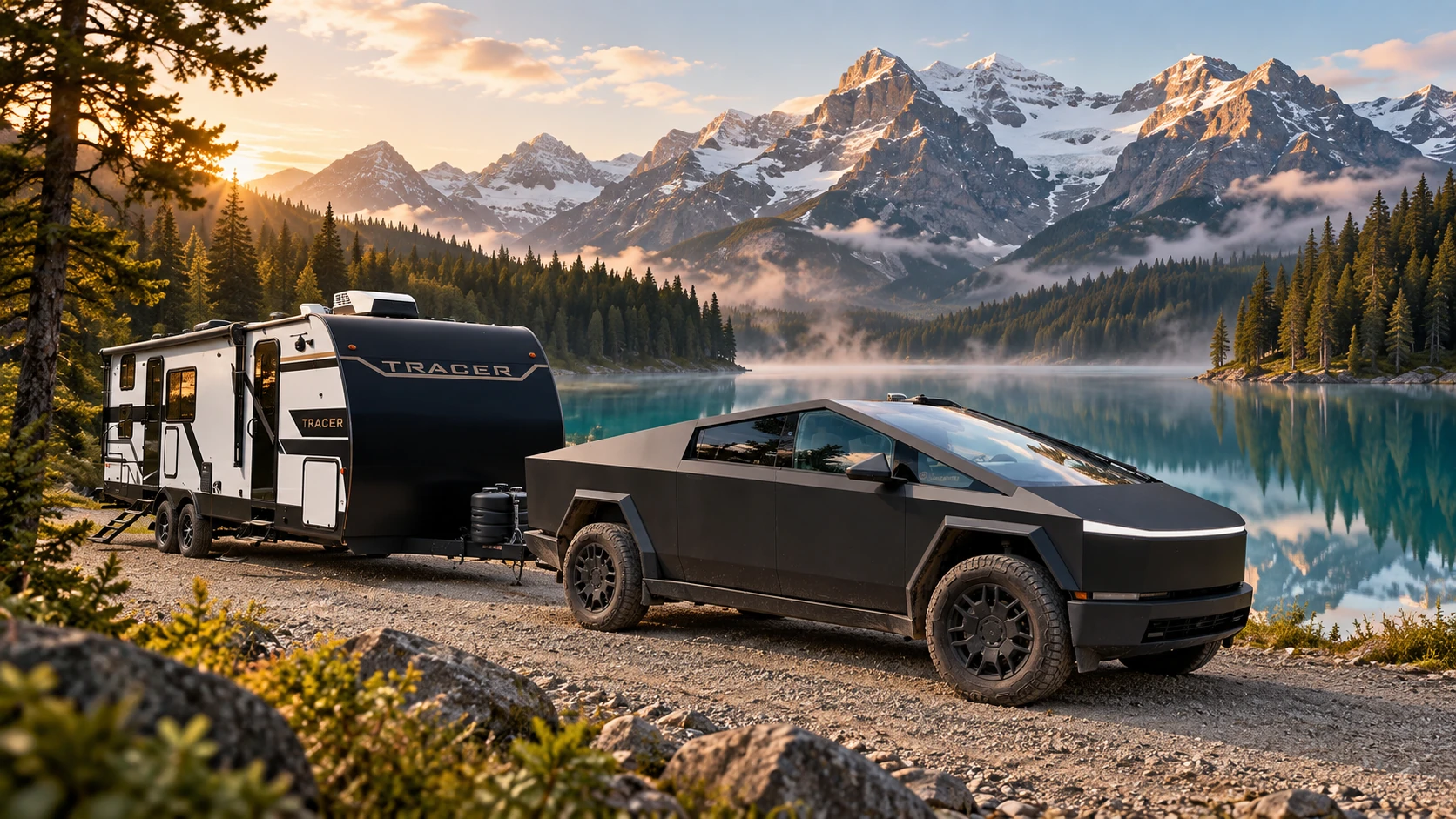 Cybertruck e trailer Tracer junto a um lago entre montanhas